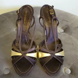 BCBGirls Brown Satin Scrappy Sandals Heels